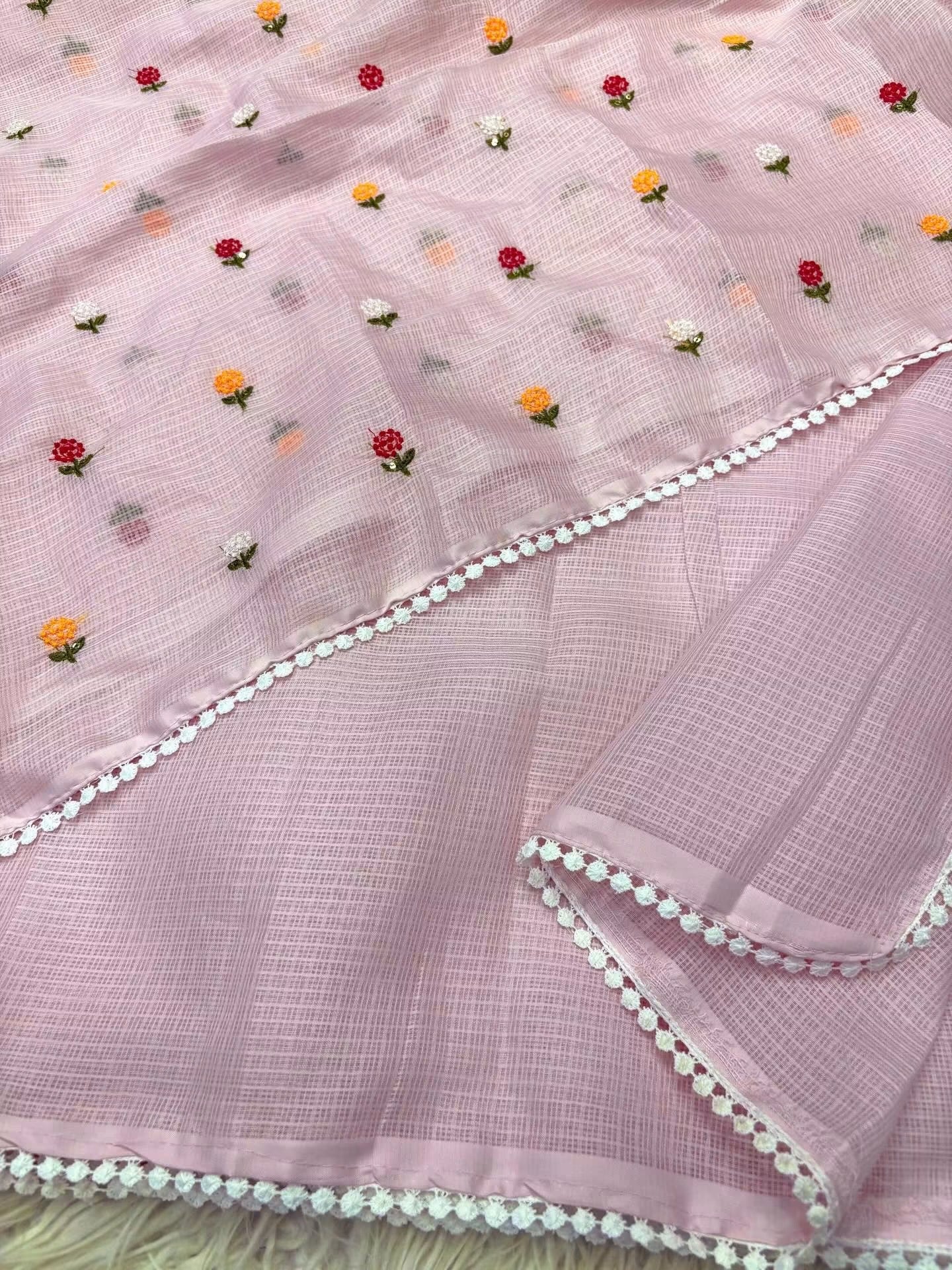 Kota sarees with beautiful scalloped crochet edging and rich embroidery blouse