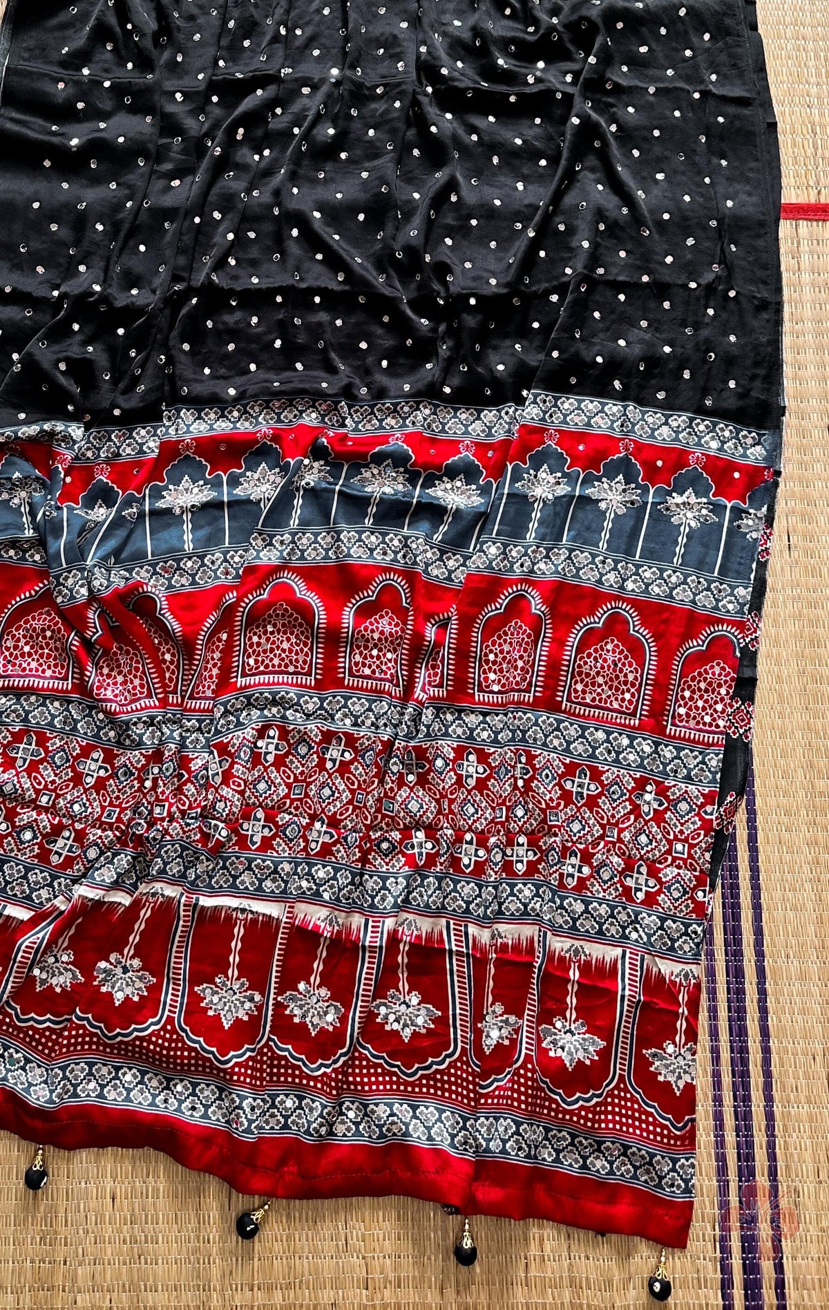 Fancy ajrakh silk sarees with mirrors allover