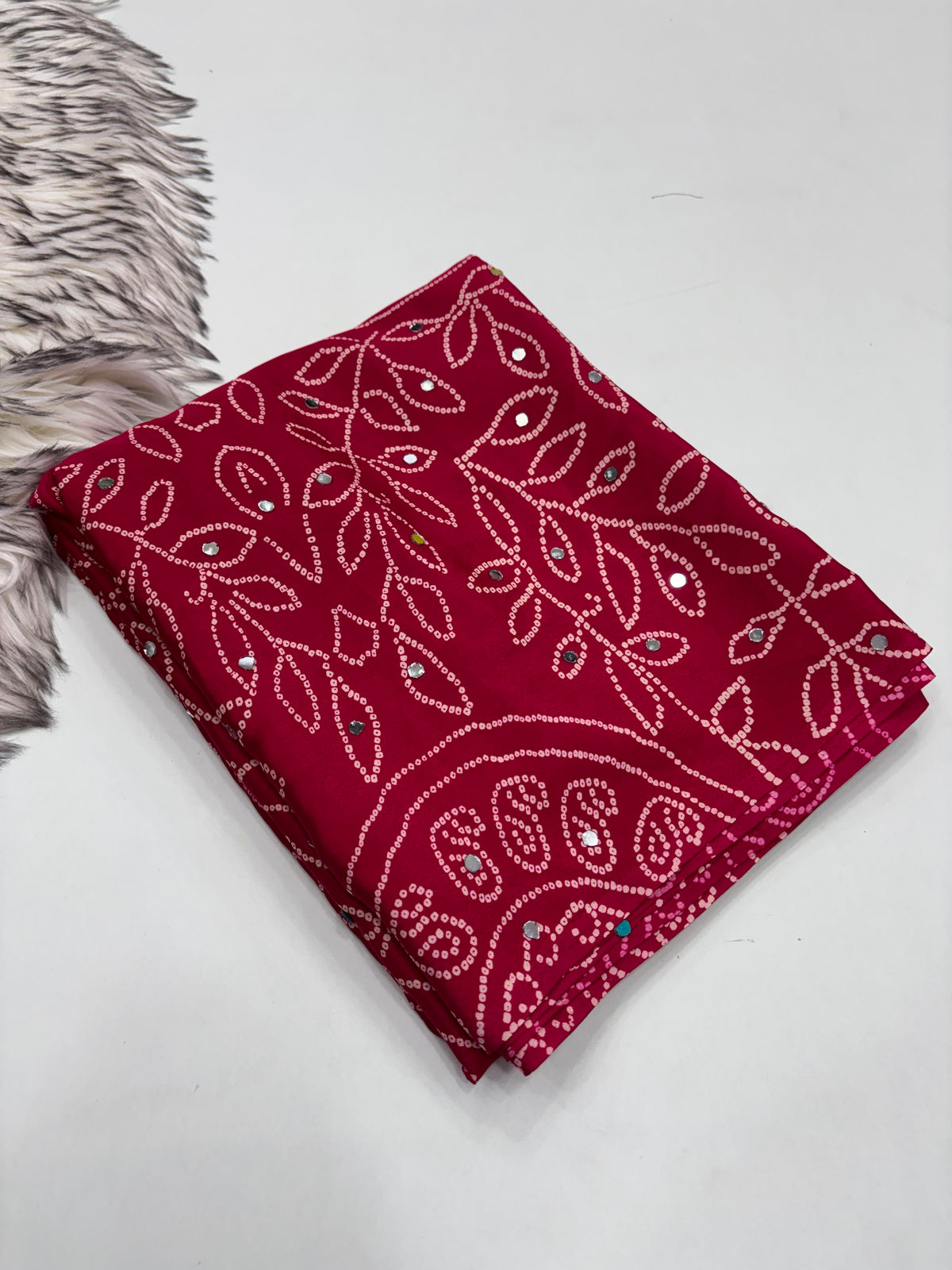 Fancy bandini ajrakh silk sarees with mirrors allover