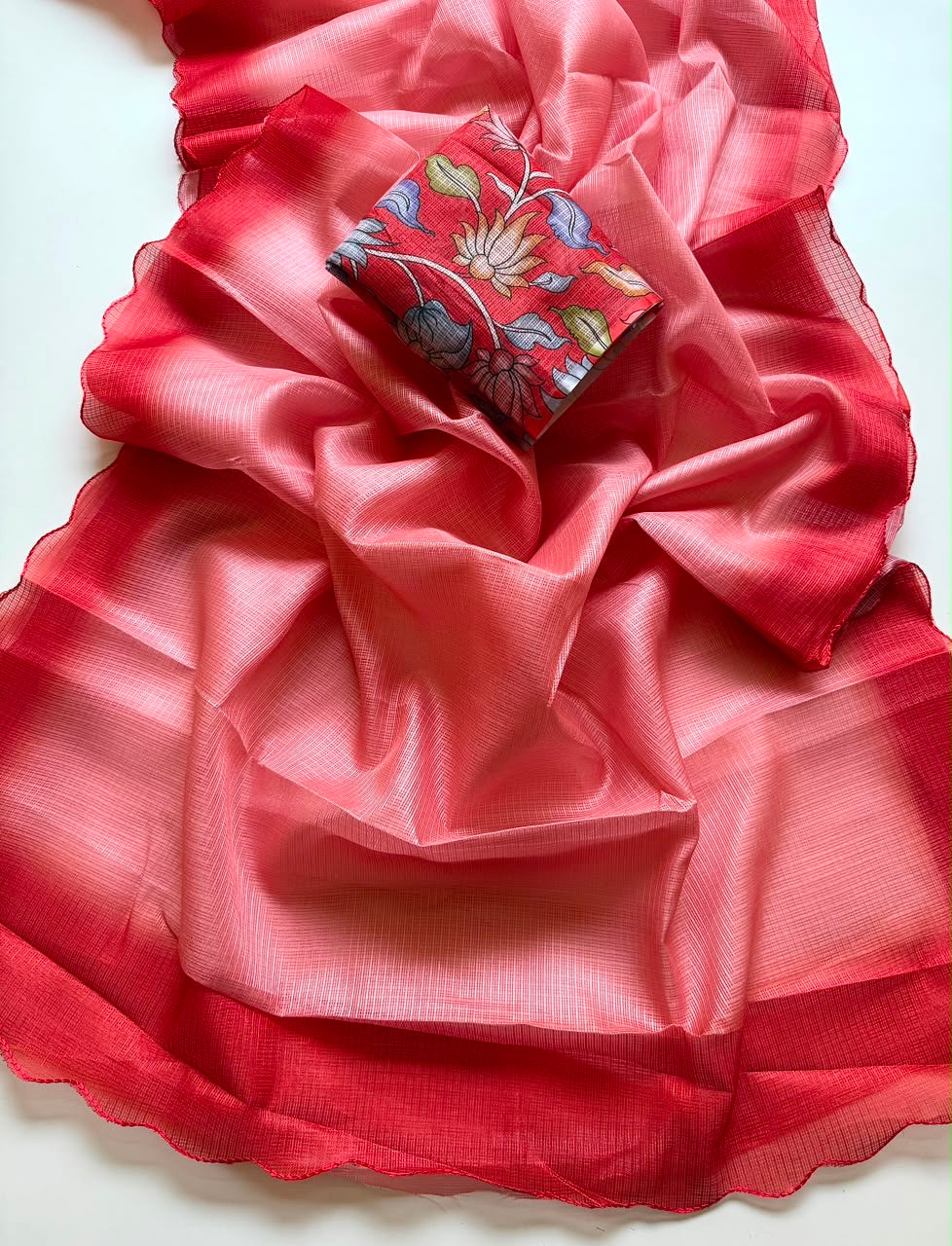 Shaded kota sarees with scalloped borders and kalamkari unstitched blouse