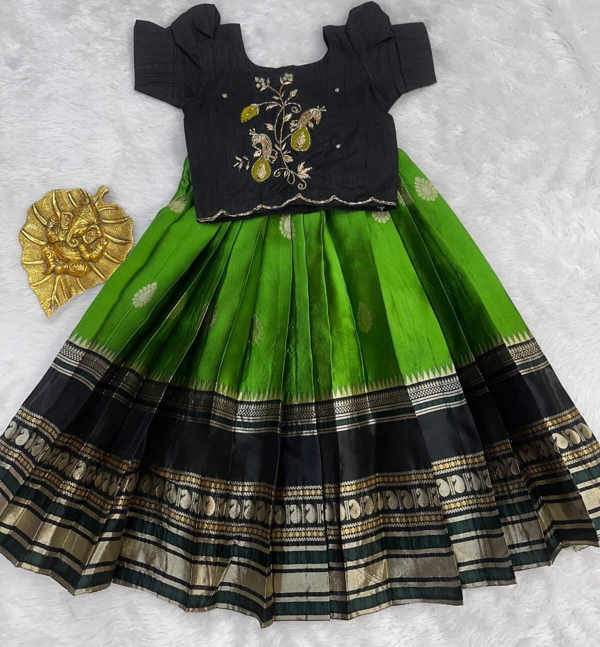 Kids banaras soft silk fully stitched lehangas (1-15 years)
