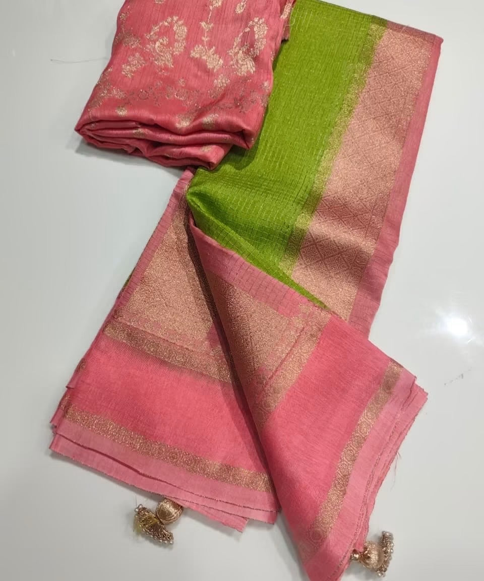 Exclusive banaras crepe silk sarees with checkered weaving gap borders and rich unstitched banaras blouse