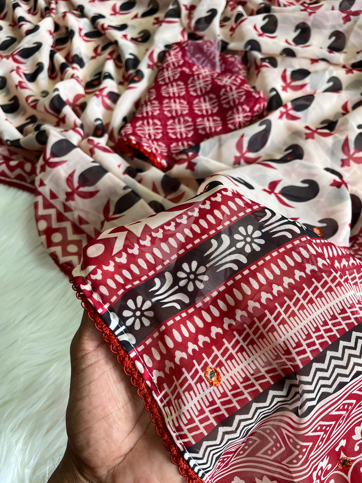 Georgette designer sarees with crochet borders and blouse