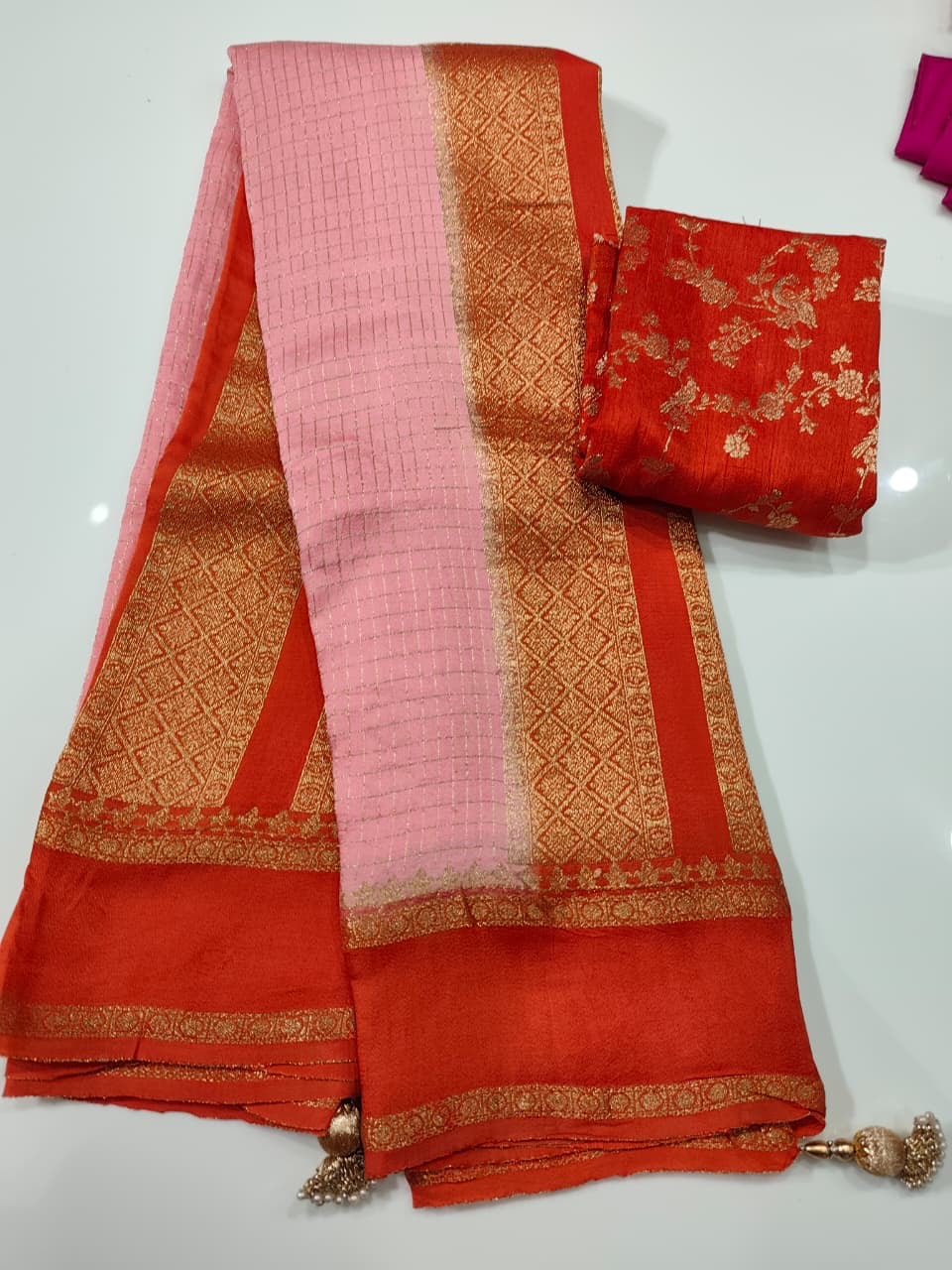 Exclusive banaras crepe silk sarees with checkered weaving gap borders and rich unstitched banaras blouse