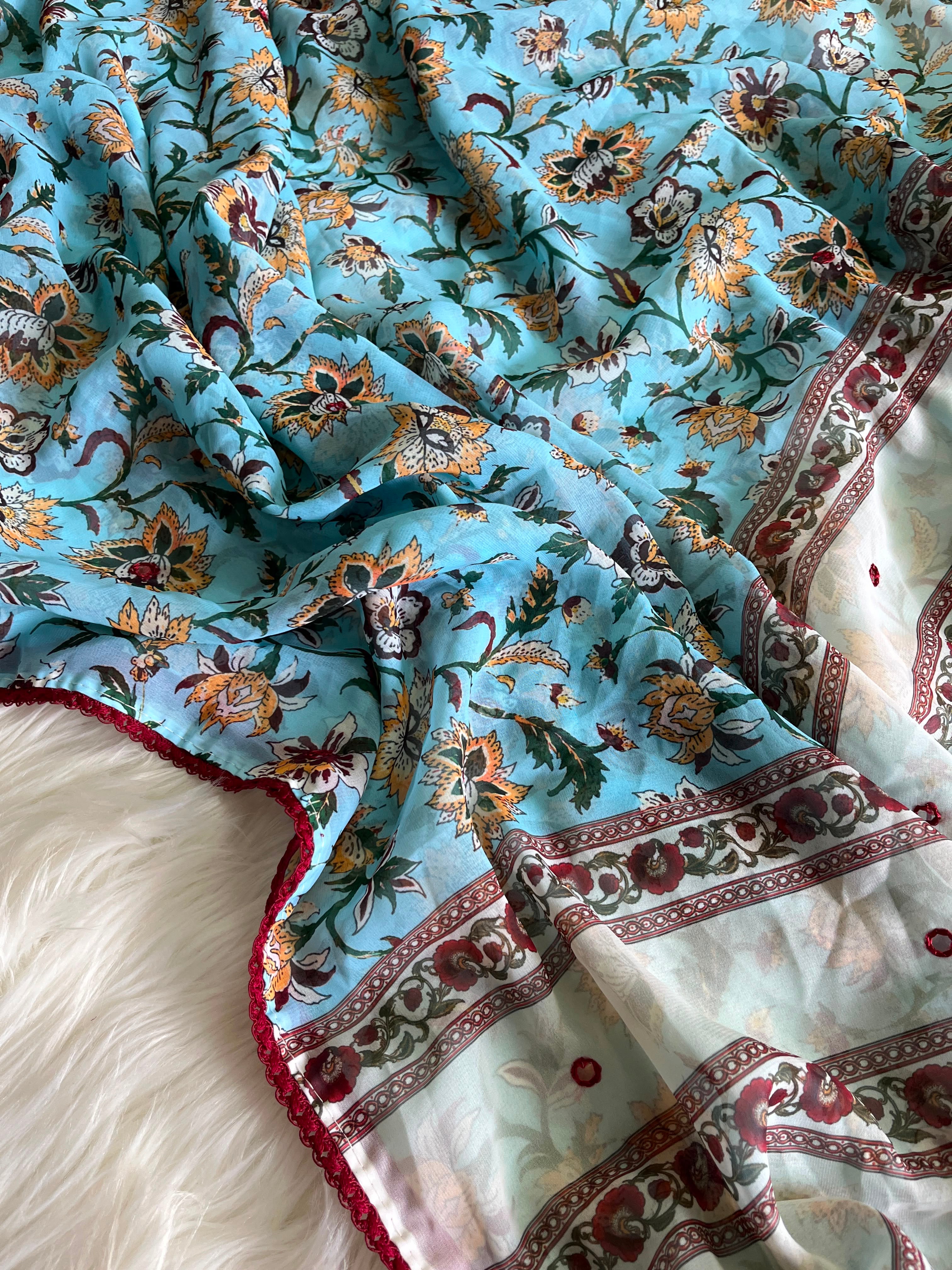 Georgette designer sarees with crochet borders and blouse