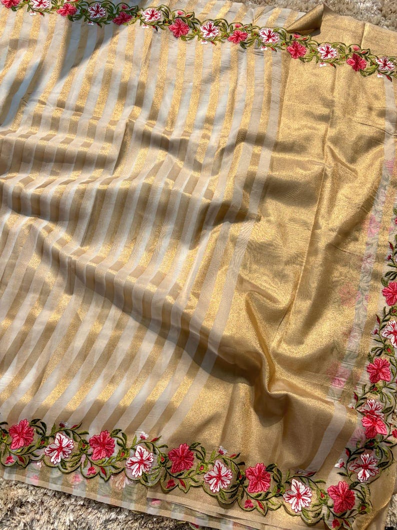 Banaras stripes sarees with scalloped embroidery