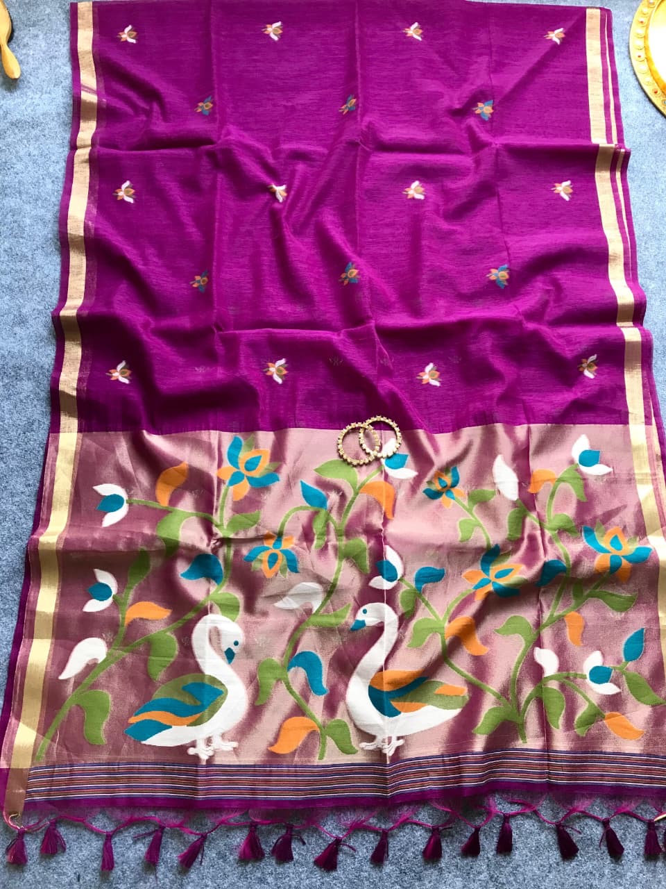 Fancy linen jamdani silk sarees with paithani pallu