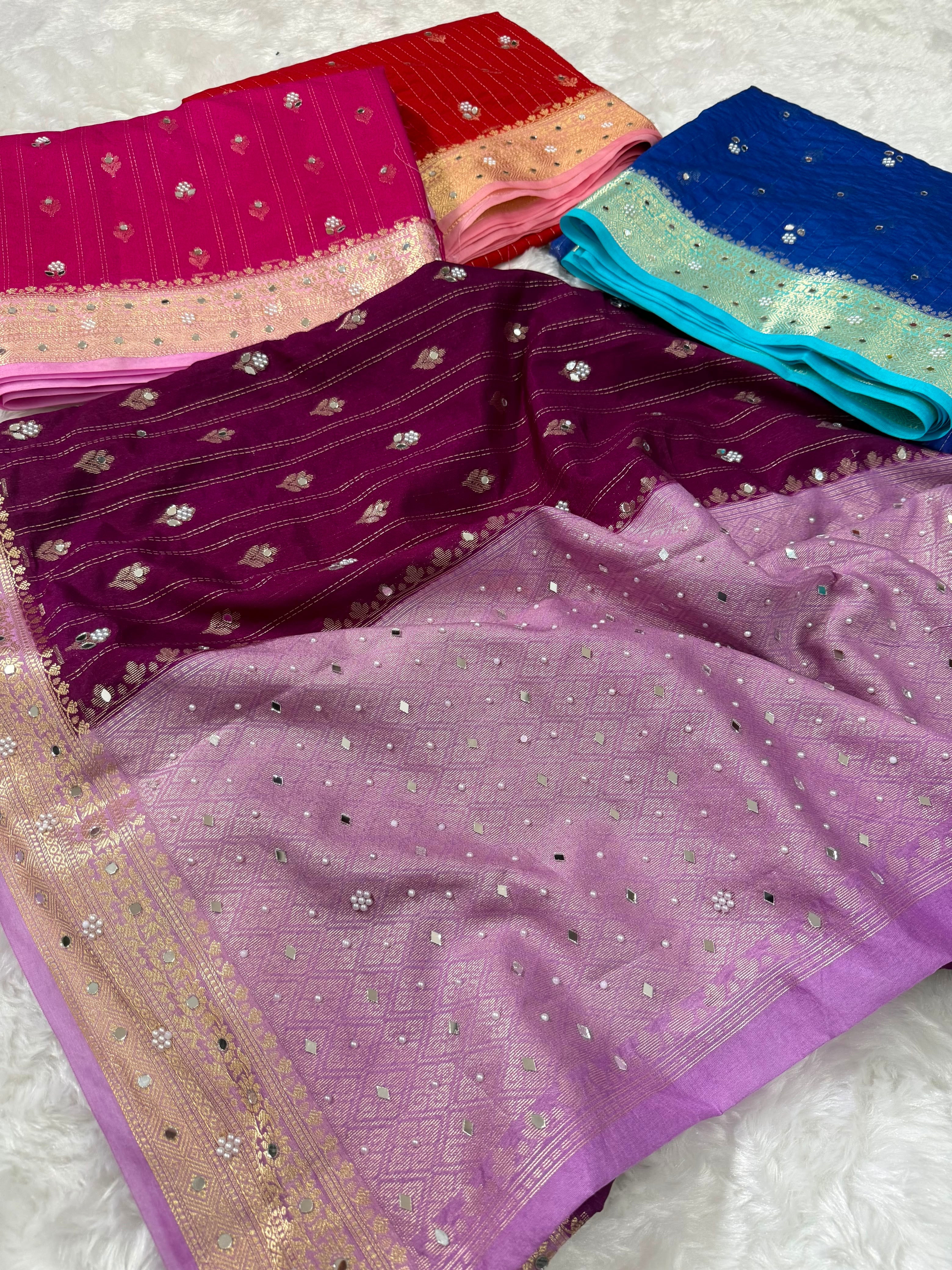 Vintage banaras soft silk sarees with pearl and mirrors designing