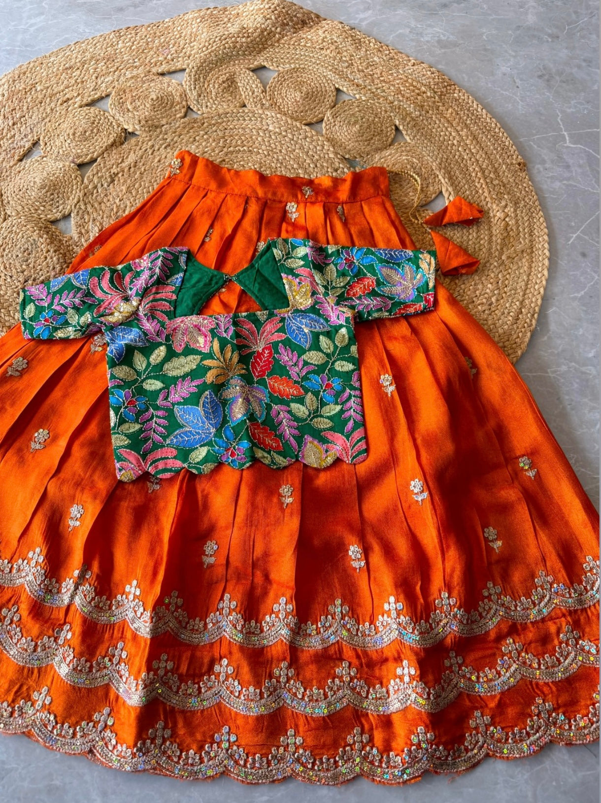 Kids fully stitched tissue silk lehangas with scalloped embroidery and designer blouse (1-16 years )
