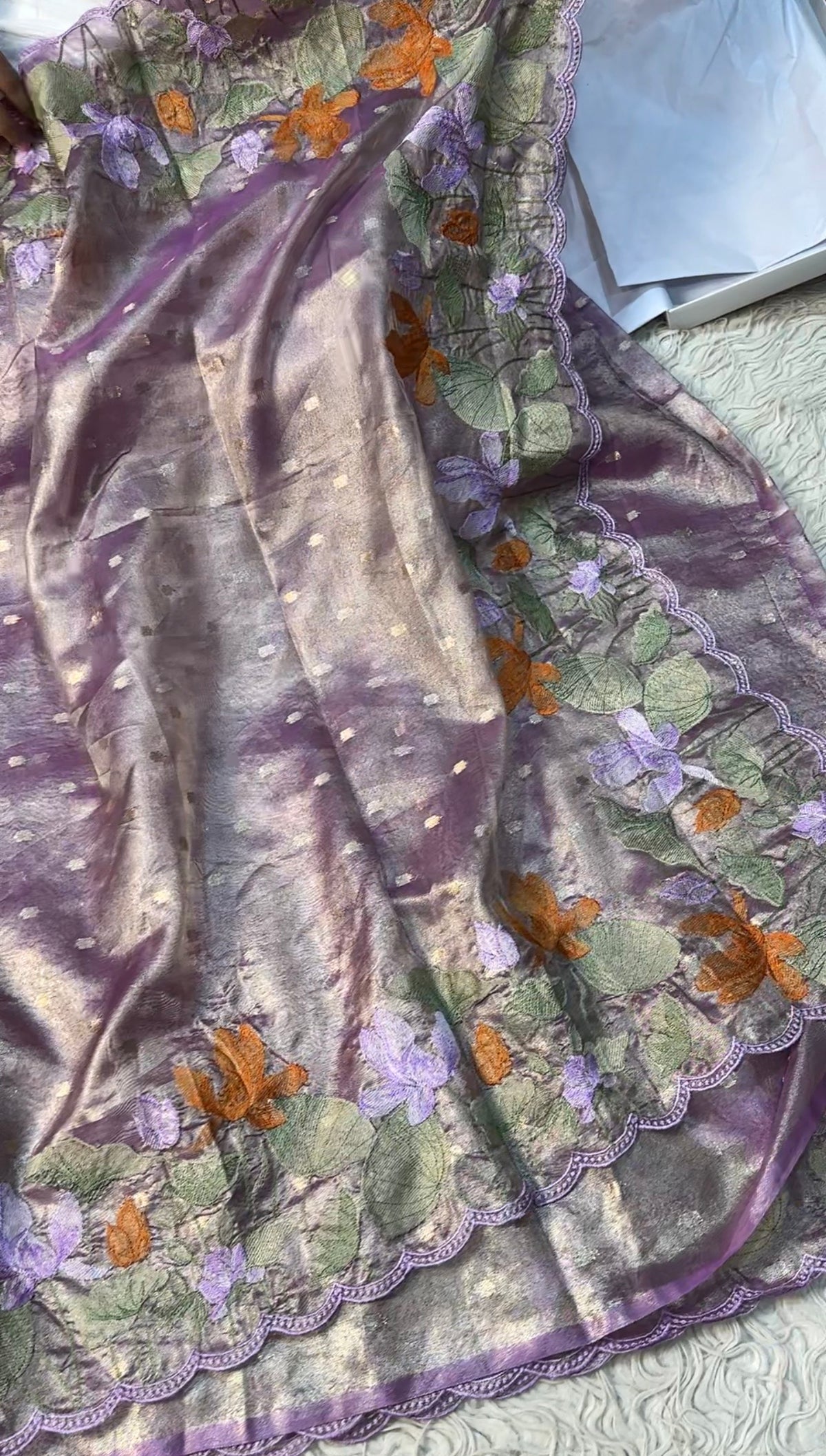 Banaras tissue silk sarees with scalloped applique embroidery