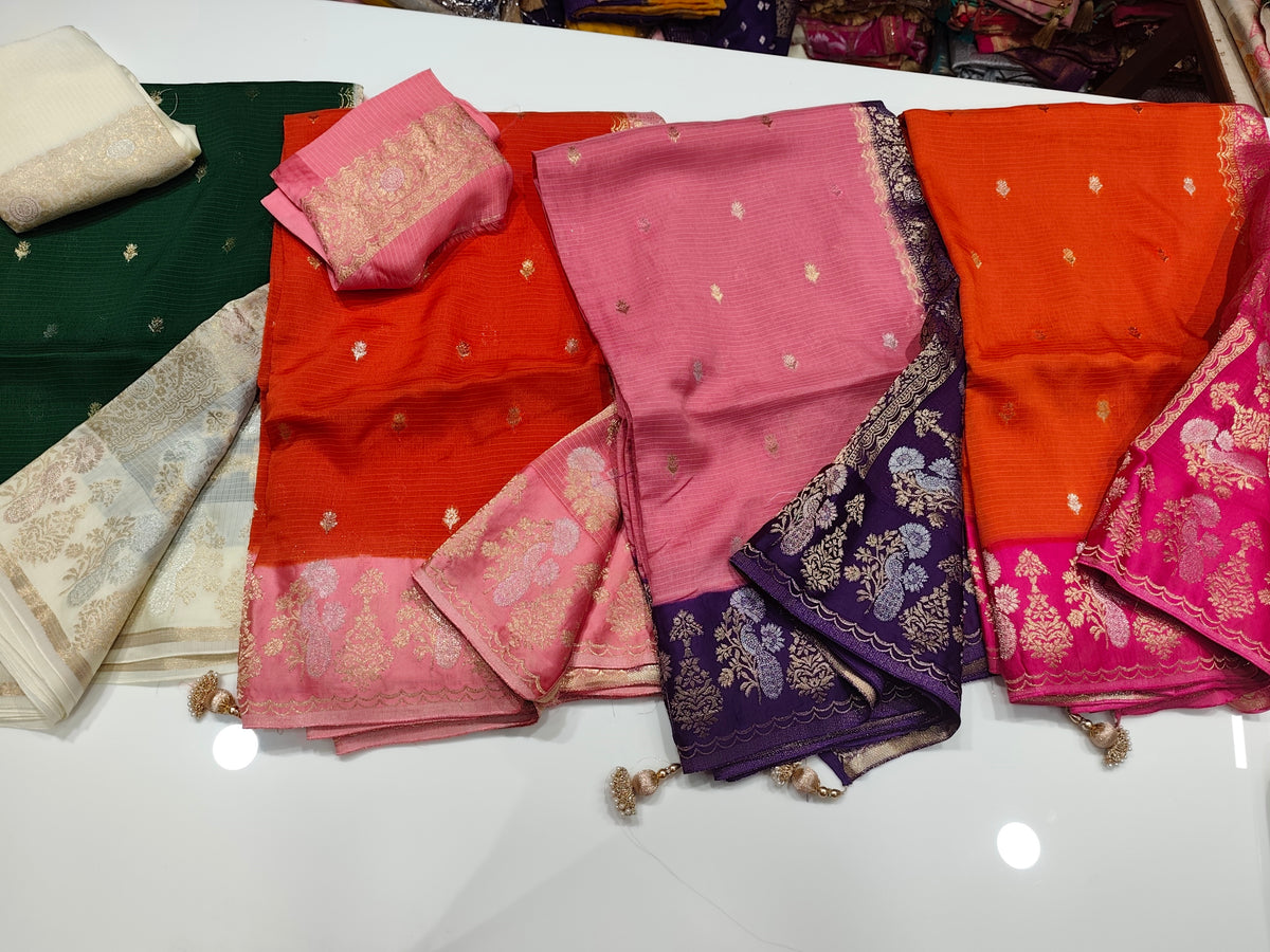 Exclusive pure kota silk sarees with mashru satin weaving borders and unstitched blouse