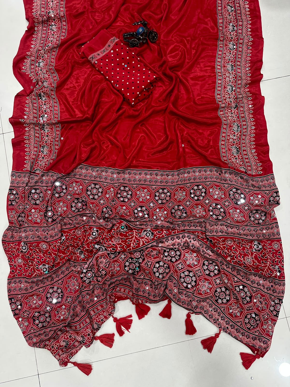 Fancy ajrakh crepe silk saree with mirrors