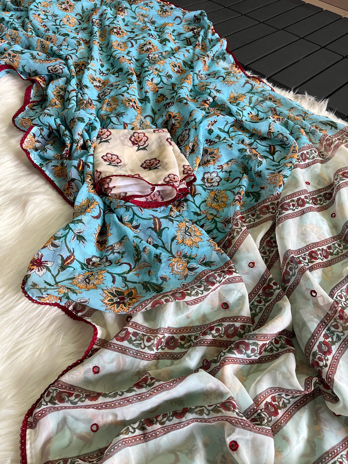 Georgette designer sarees with crochet borders and blouse