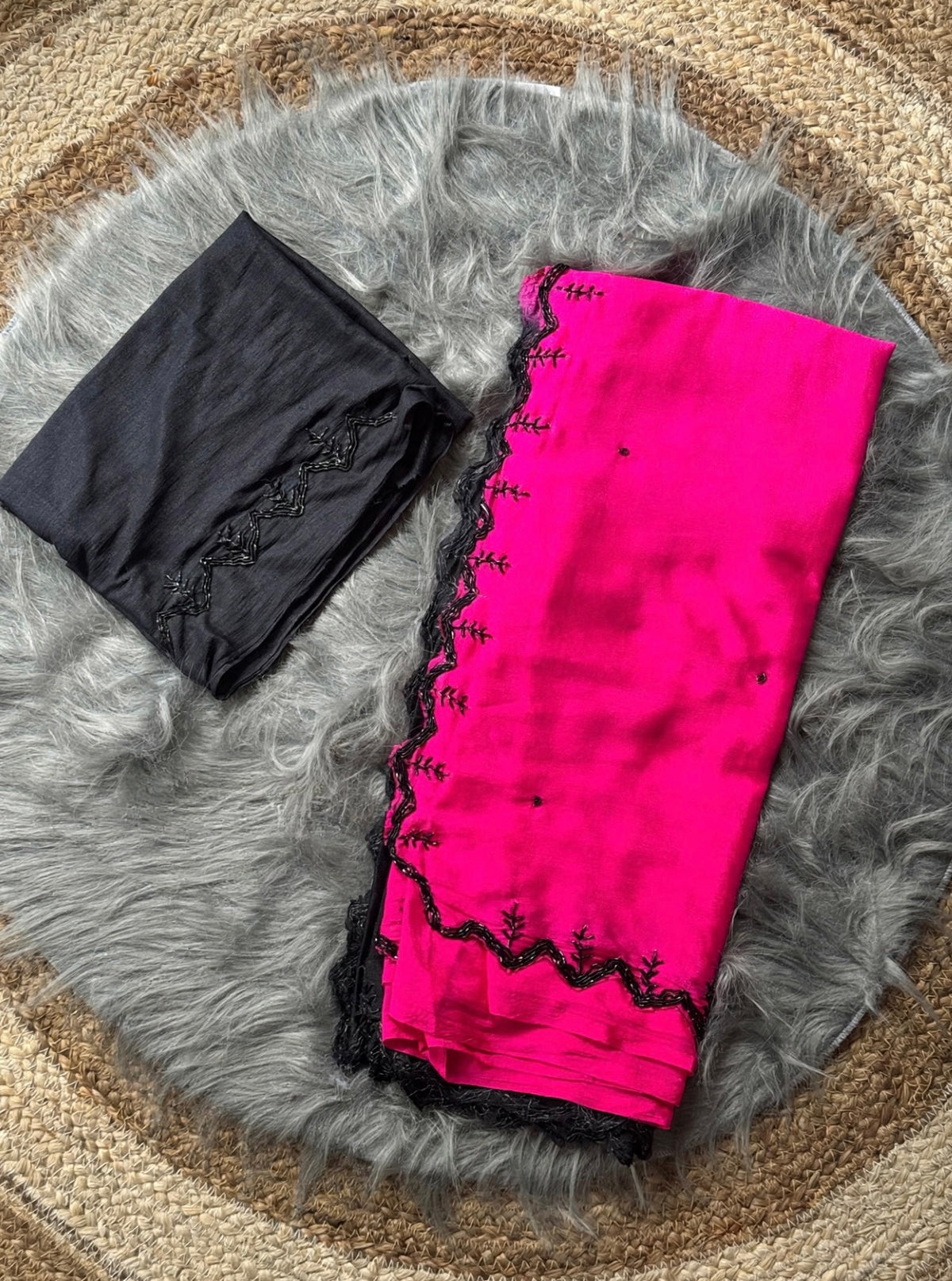 Shaded chinnon sarees with scalloped handwork borders and rich blouse handwork