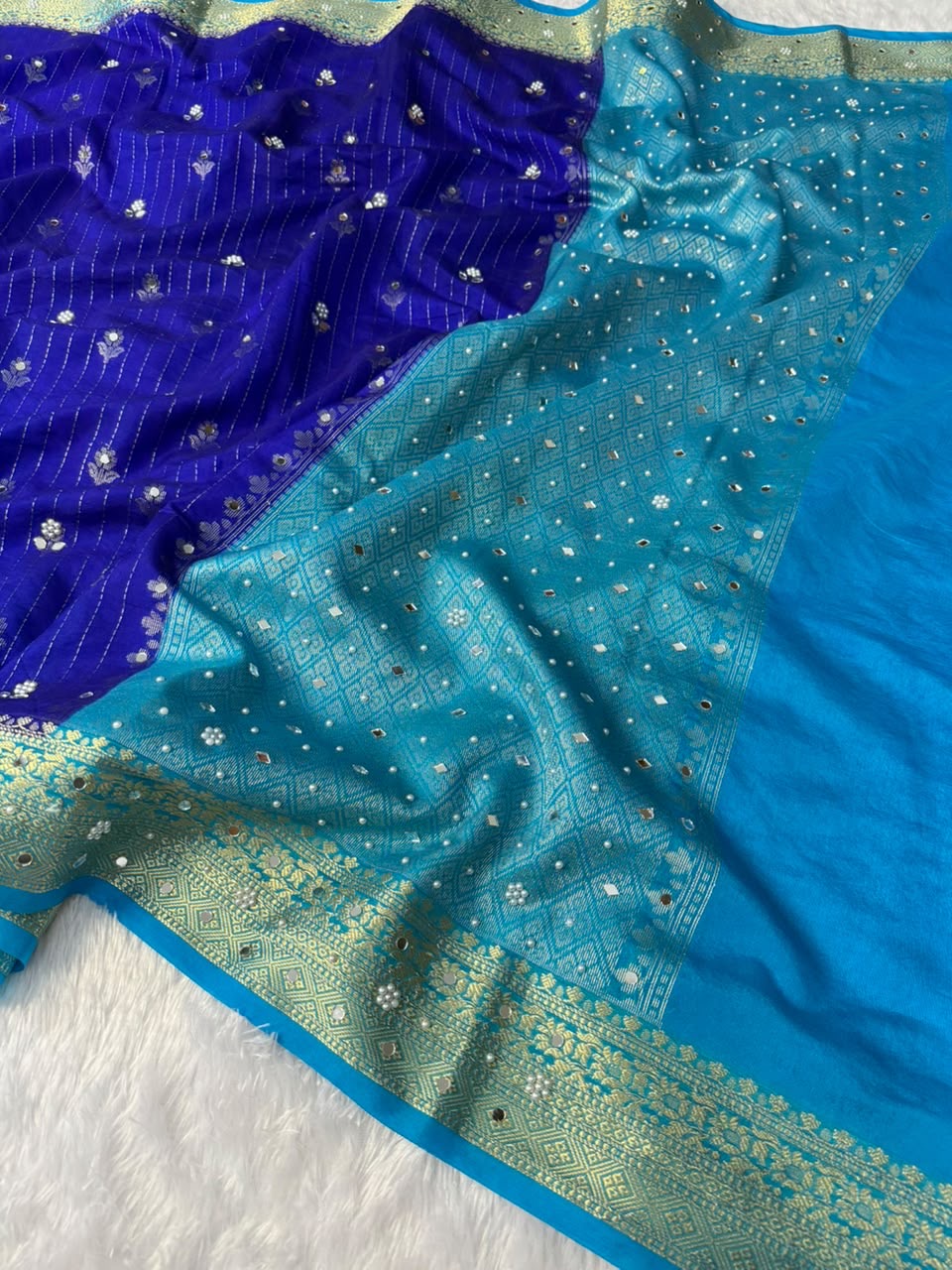 Vintage banaras soft silk sarees with pearl and mirrors designing