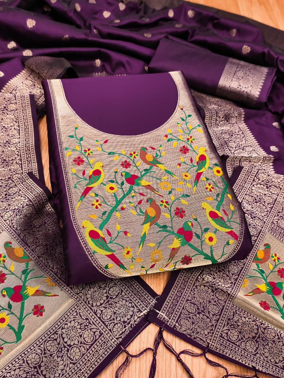 Fancy paithani 3 piece unstitched dress materials