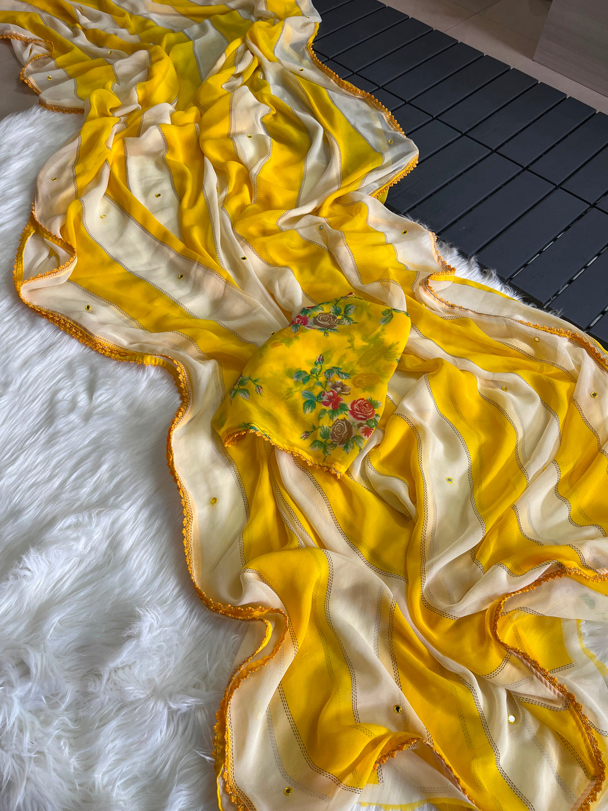 Georgette mirror work saree with floral blouse