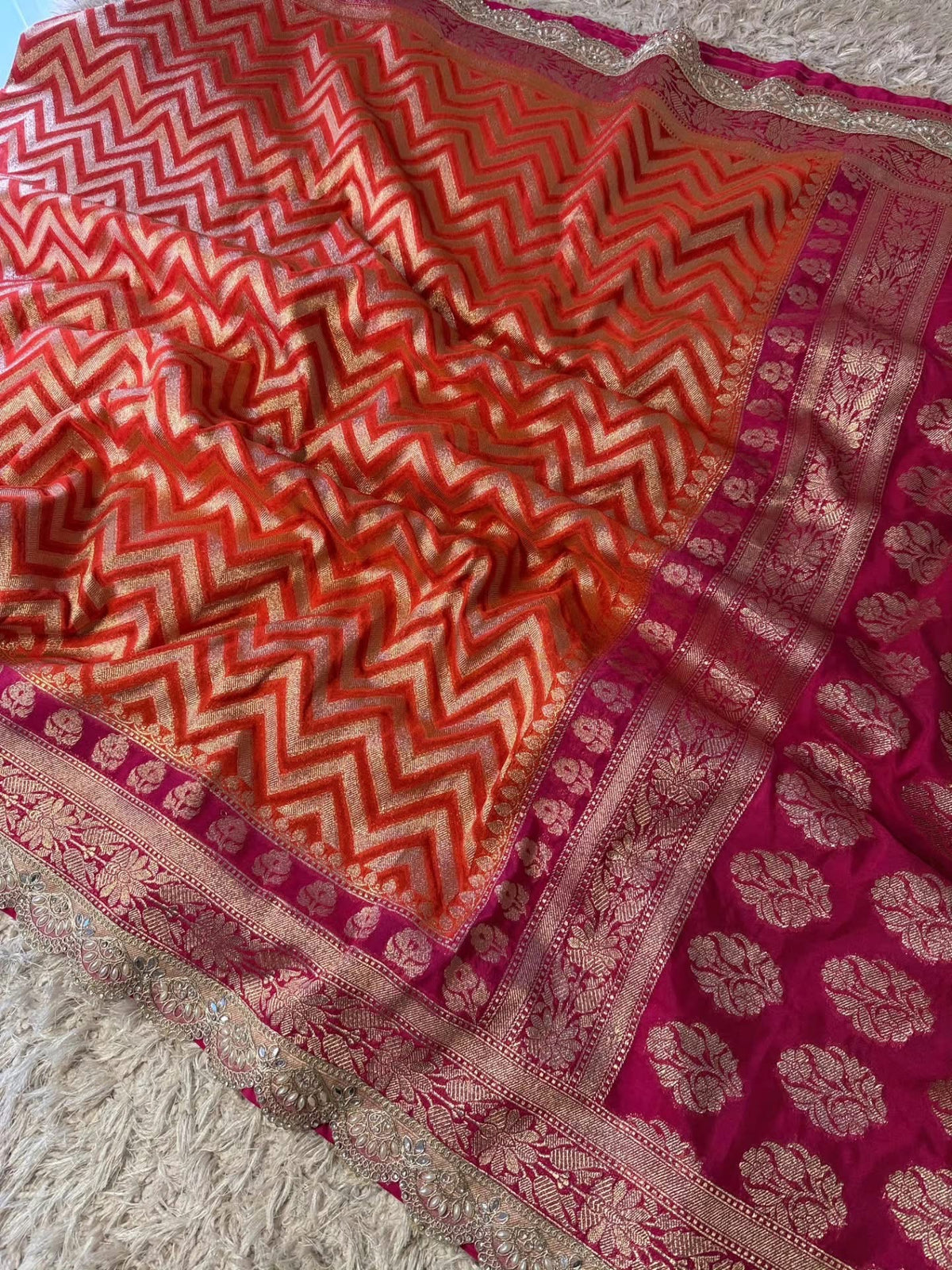 Banaras georgette silk saree with allover weaving and scalloped borders