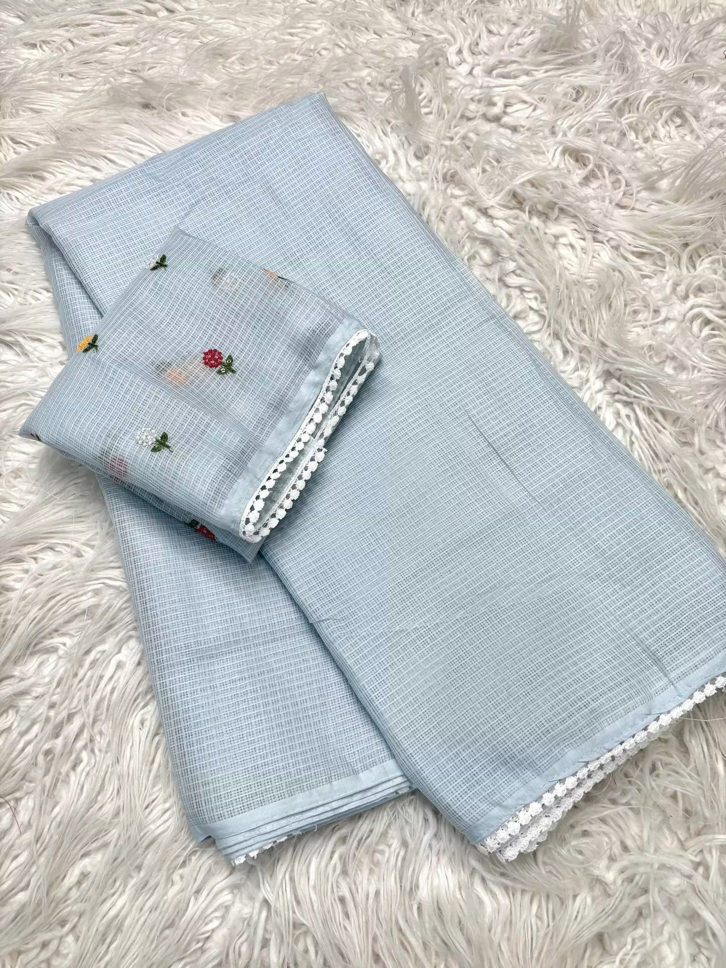 Kota sarees with beautiful scalloped crochet edging and rich embroidery blouse