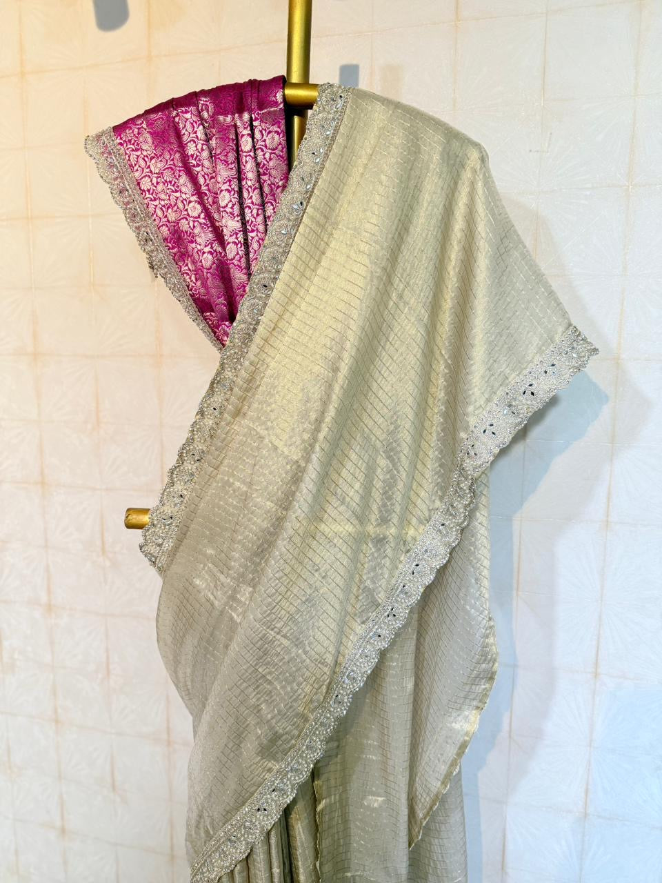 Designer banaras checkered tissue silk saree with rich scalloped borders and banaras blouse