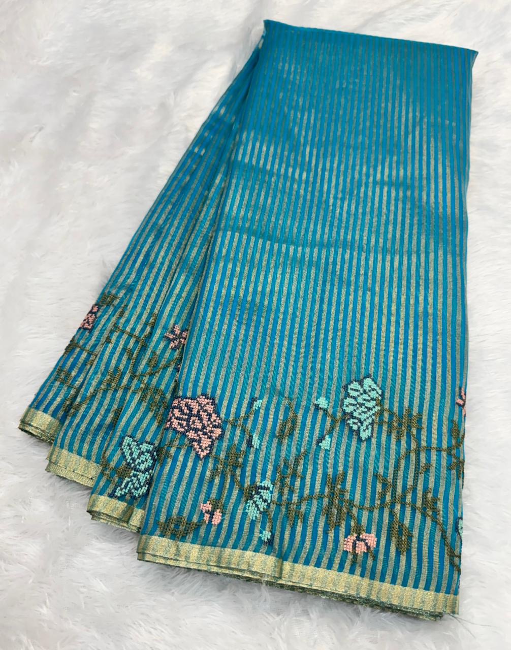 Banaras stripes sarees with intricate petit point work