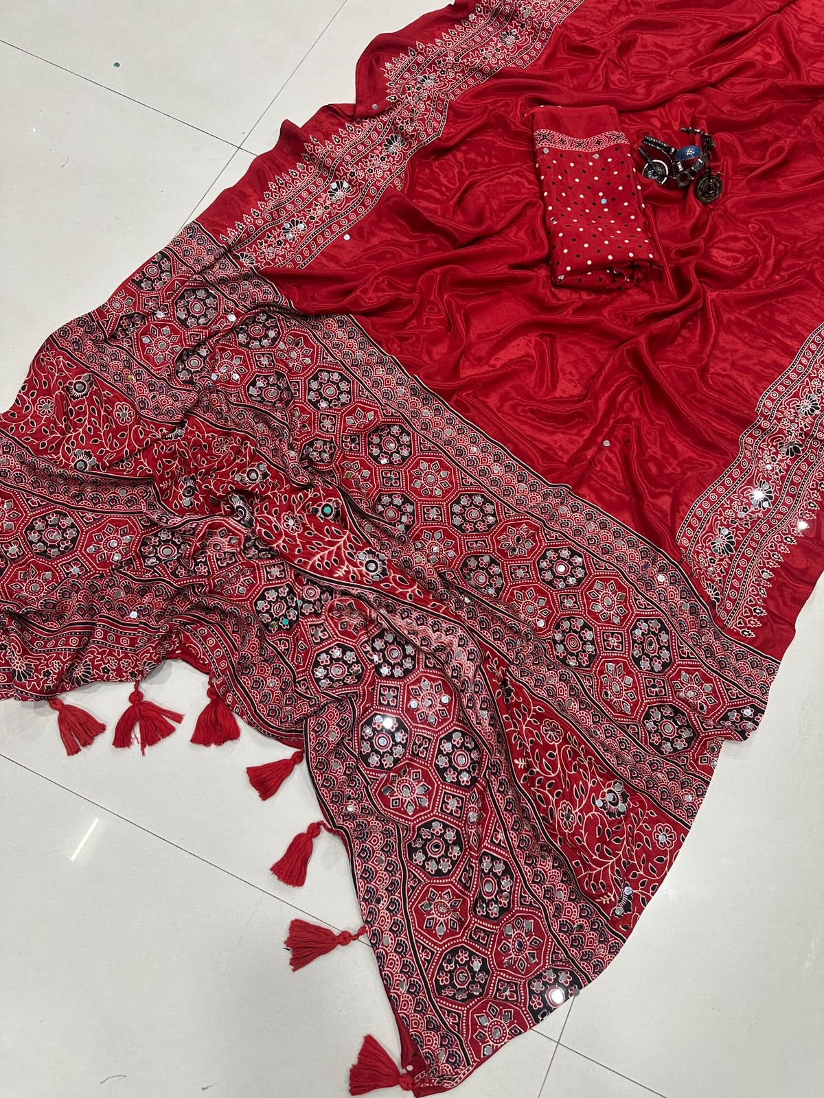 Fancy ajrakh crepe silk saree with mirrors
