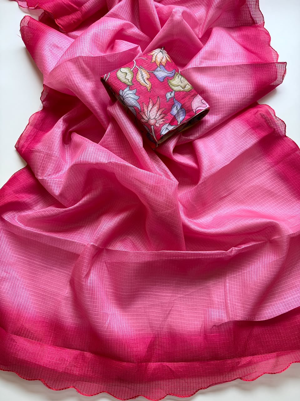 Shaded kota sarees with scalloped borders and kalamkari unstitched blouse