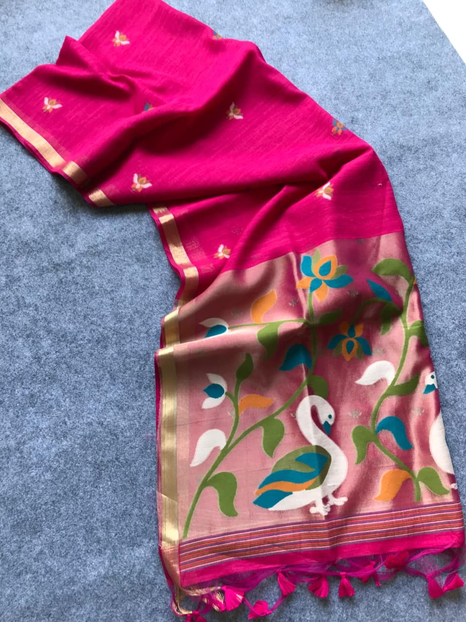 Fancy linen jamdani silk sarees with paithani pallu