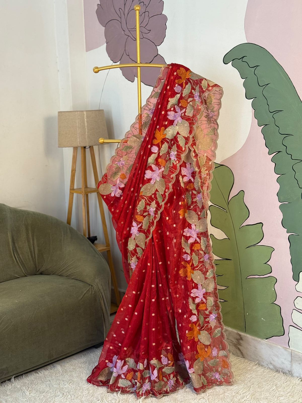 Banaras tissue silk sarees with scalloped applique embroidery