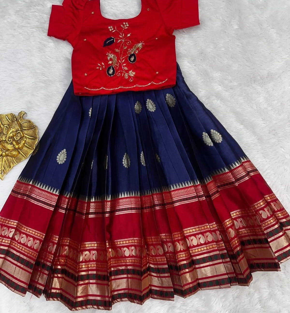 Kids banaras soft silk fully stitched lehangas (1-15 years)