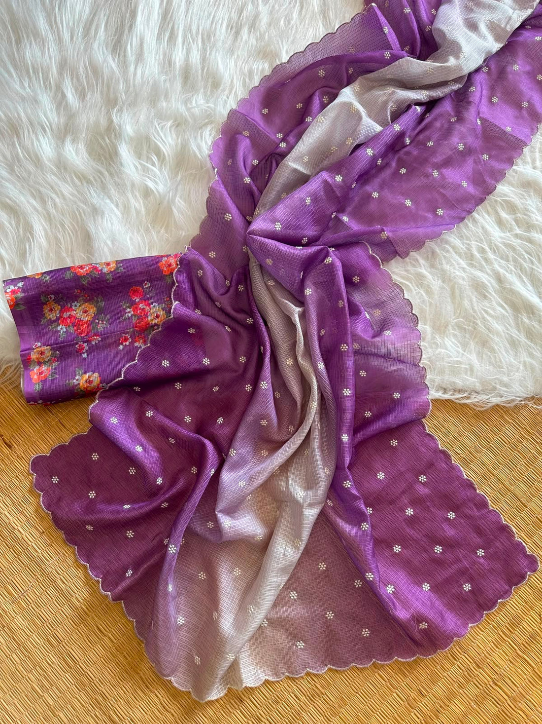 Shaded kota sarees with floral blouse scalloped borders