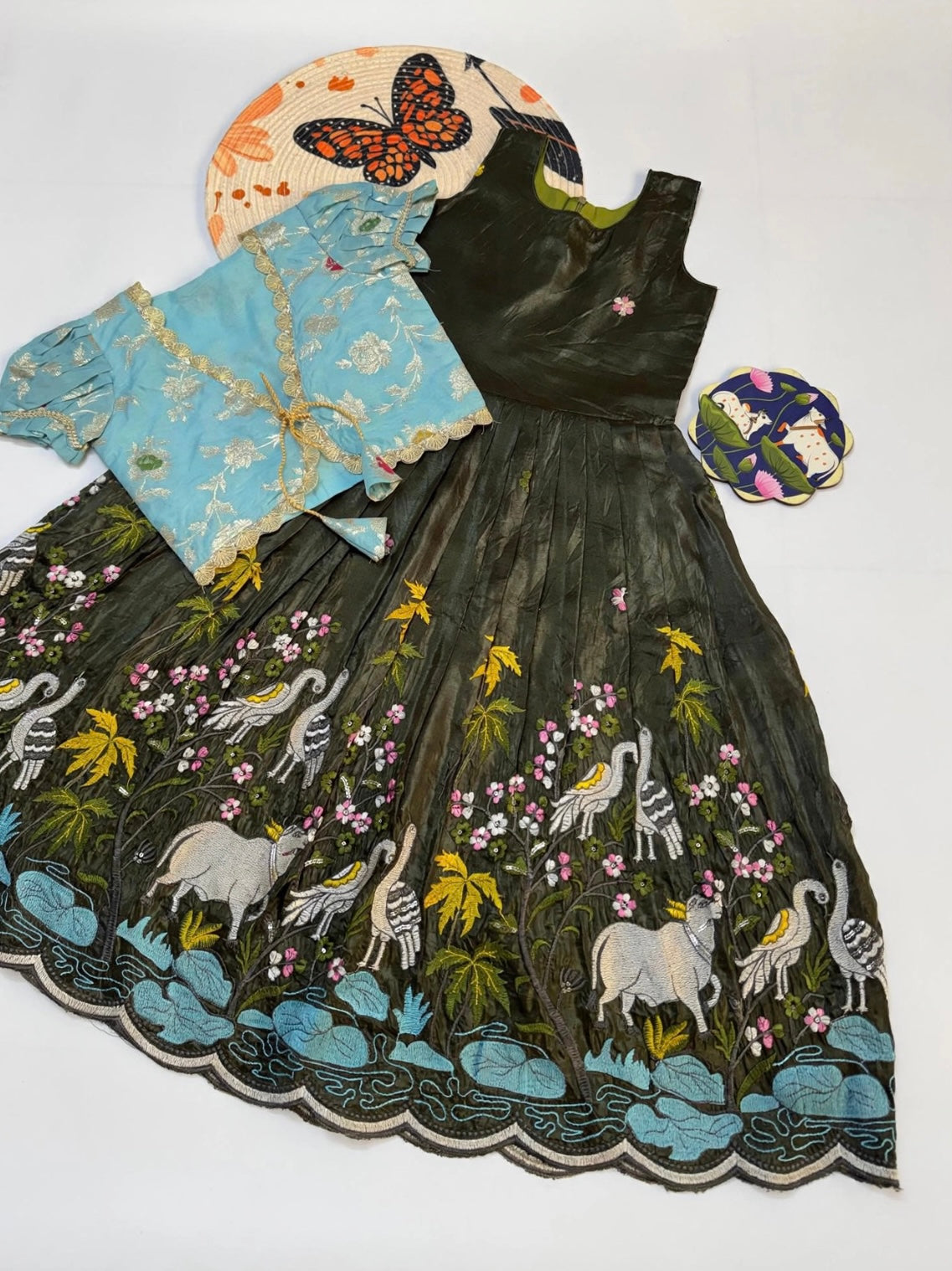Tissue silk embroidery dress with overcoat kids (1-15 years )