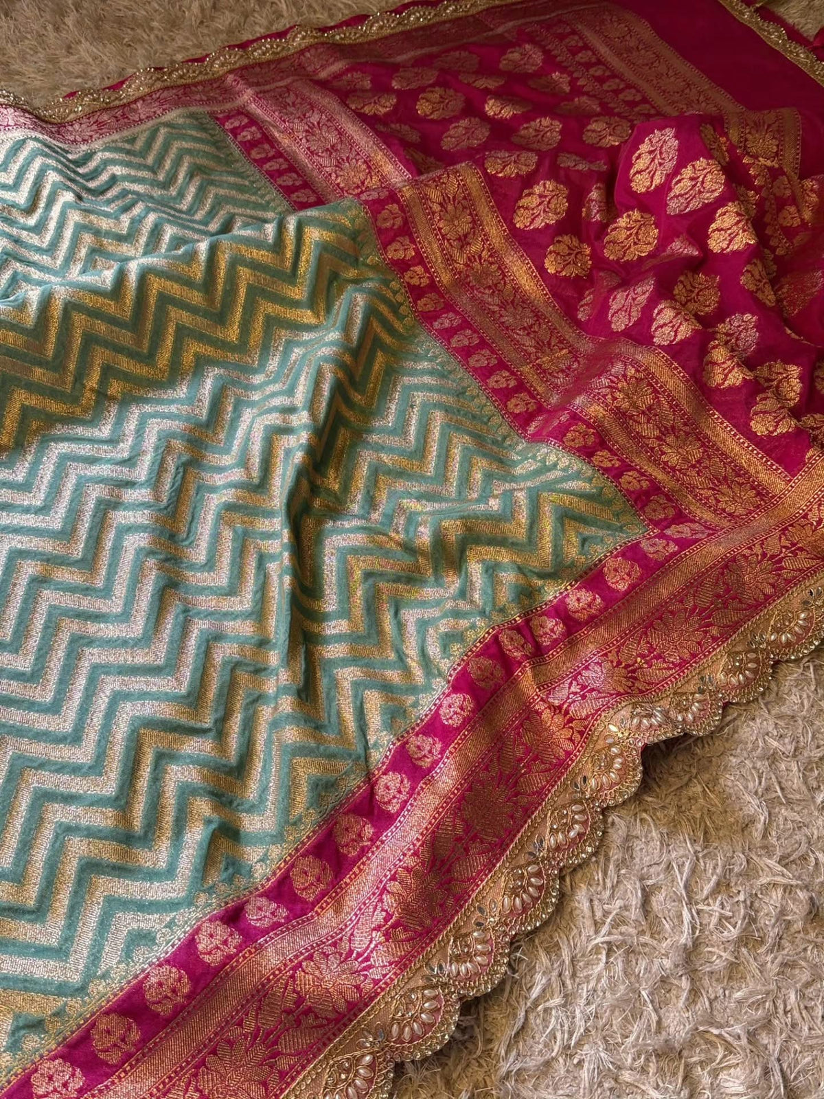 Banaras georgette silk saree with allover weaving and scalloped borders
