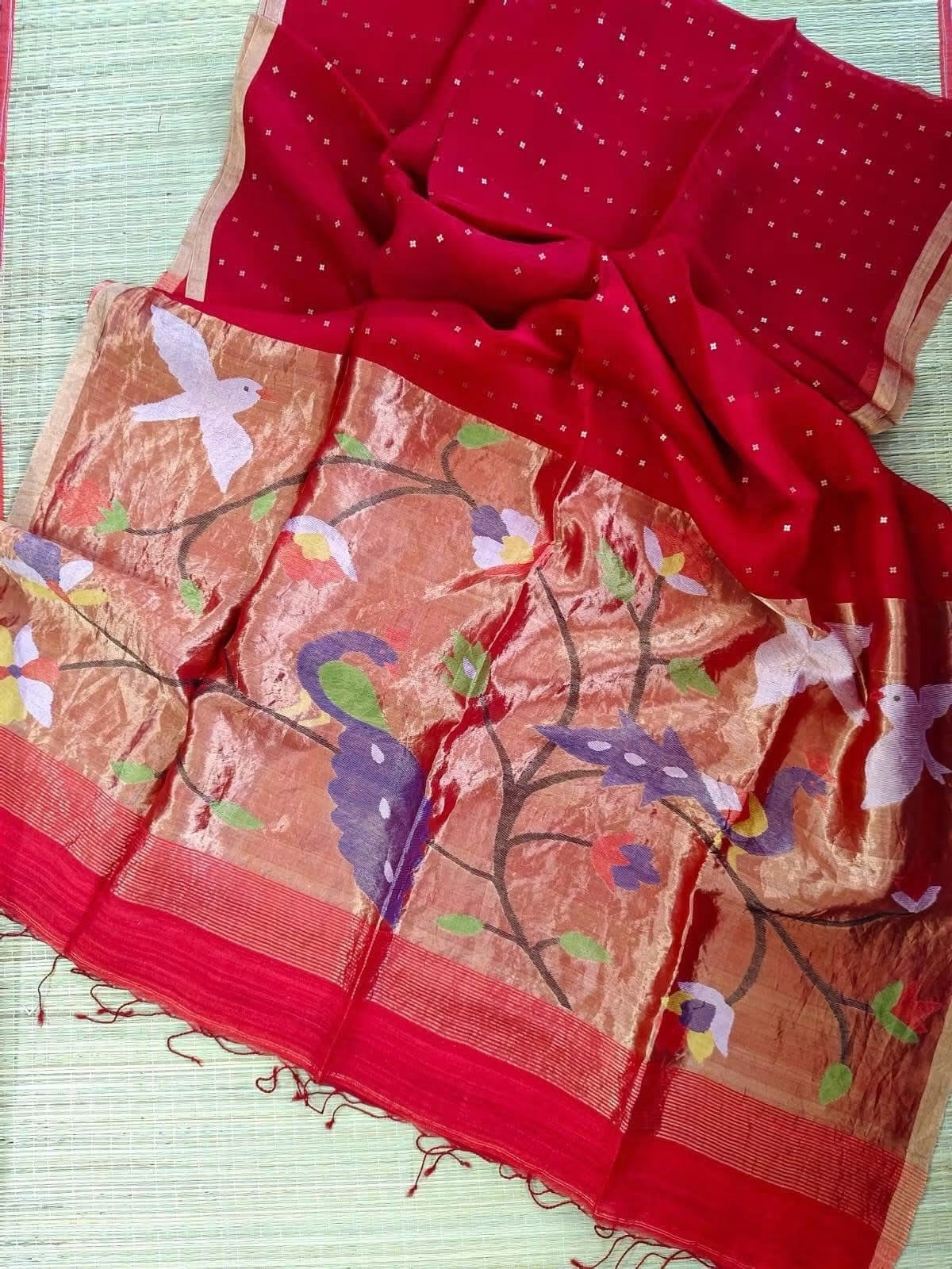 Handloom pure muslin jamdani silk sarees with paithani weaving pallu