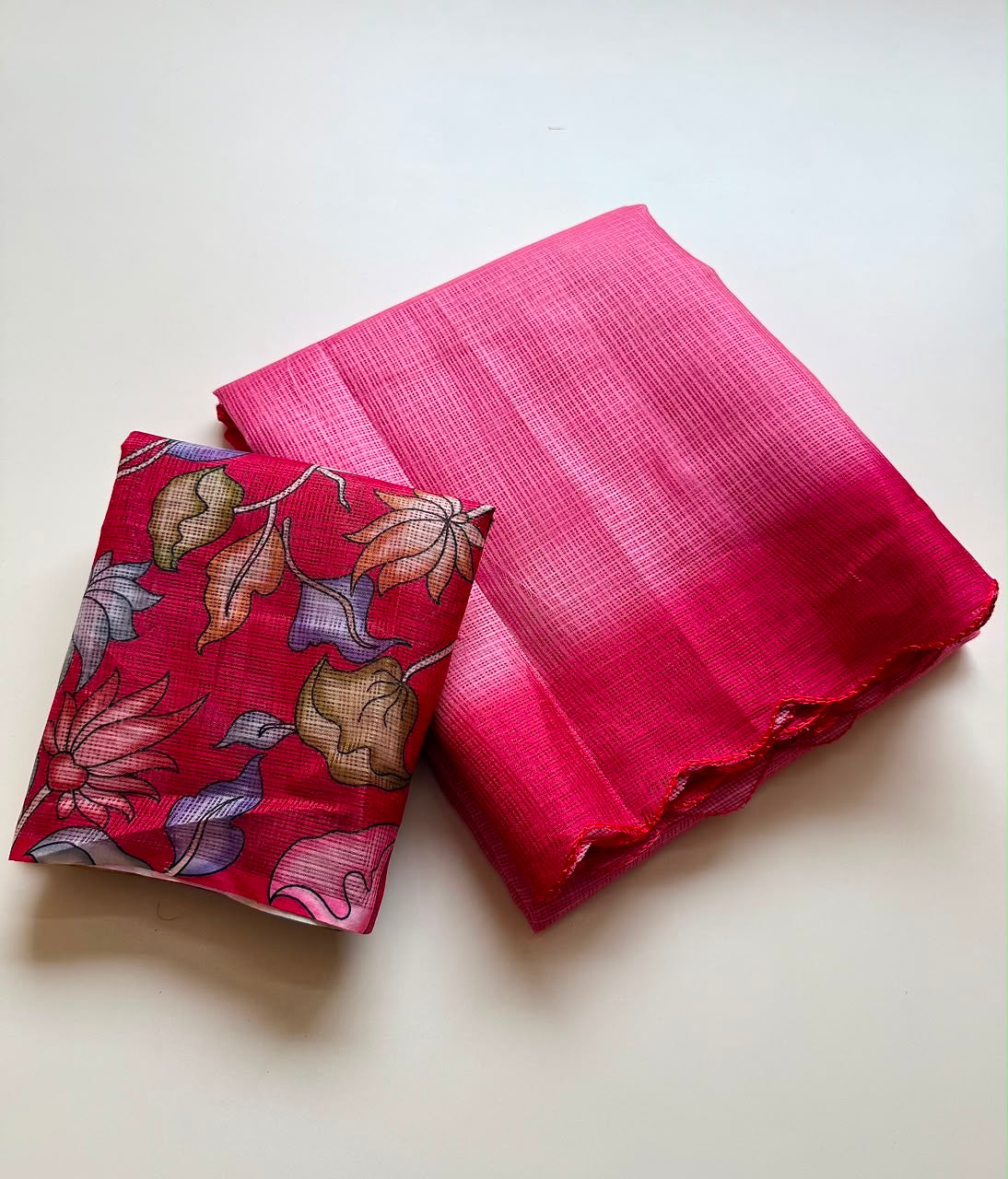 Shaded kota sarees with scalloped borders and kalamkari unstitched blouse