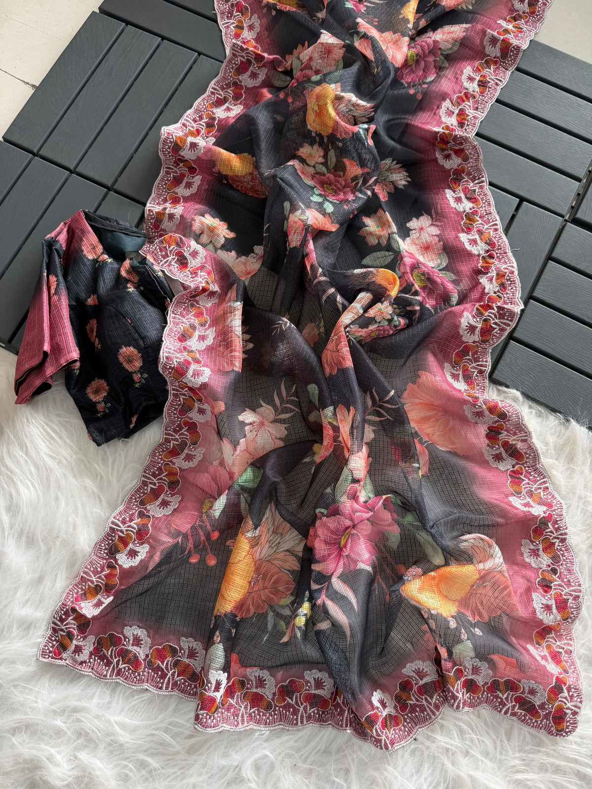 Floral kota sarees with scalloped intricate embroidery and unstitched blouse