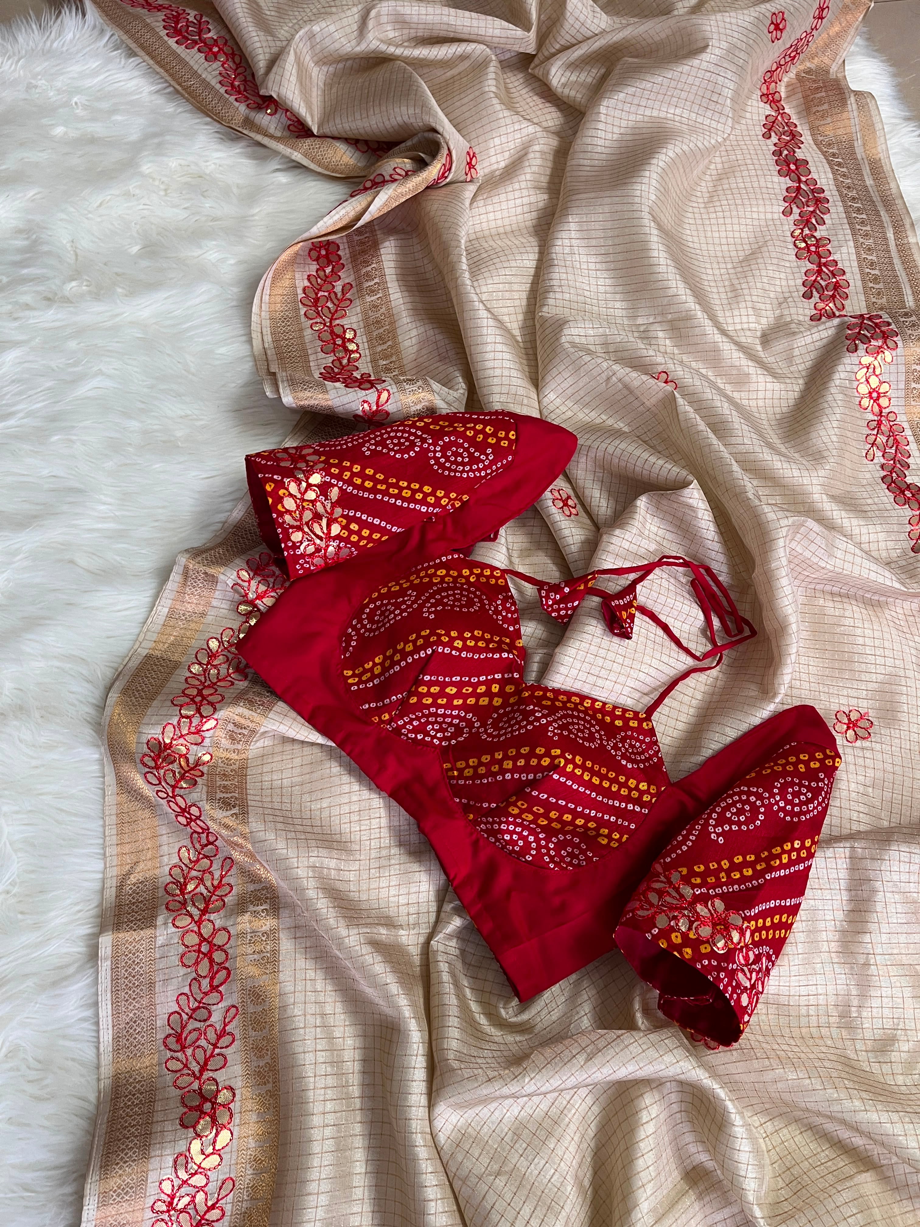 Exclusive fancy tissue checkered silk saree with gottawork and fully stitched blouse ! Dispatch time 5-7 days