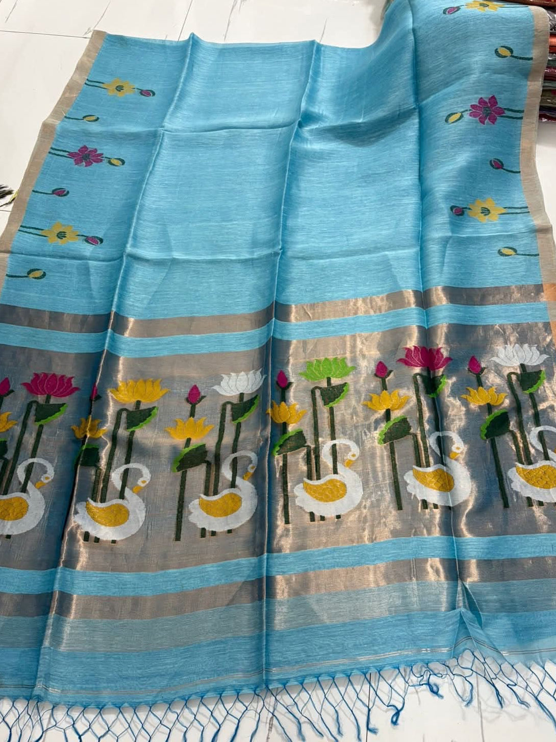 Handloom pure linen silk jamdani sarees