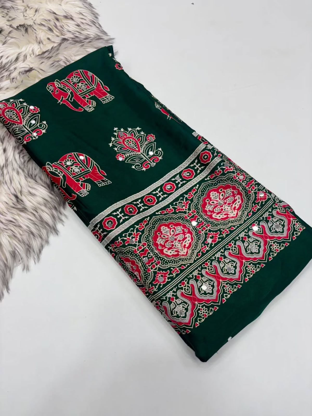 Fancy ajrakh crepe silk sarees with mirrors allover