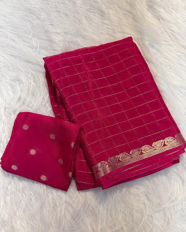 Chinnon sarees with checkered weaving and rich blouse