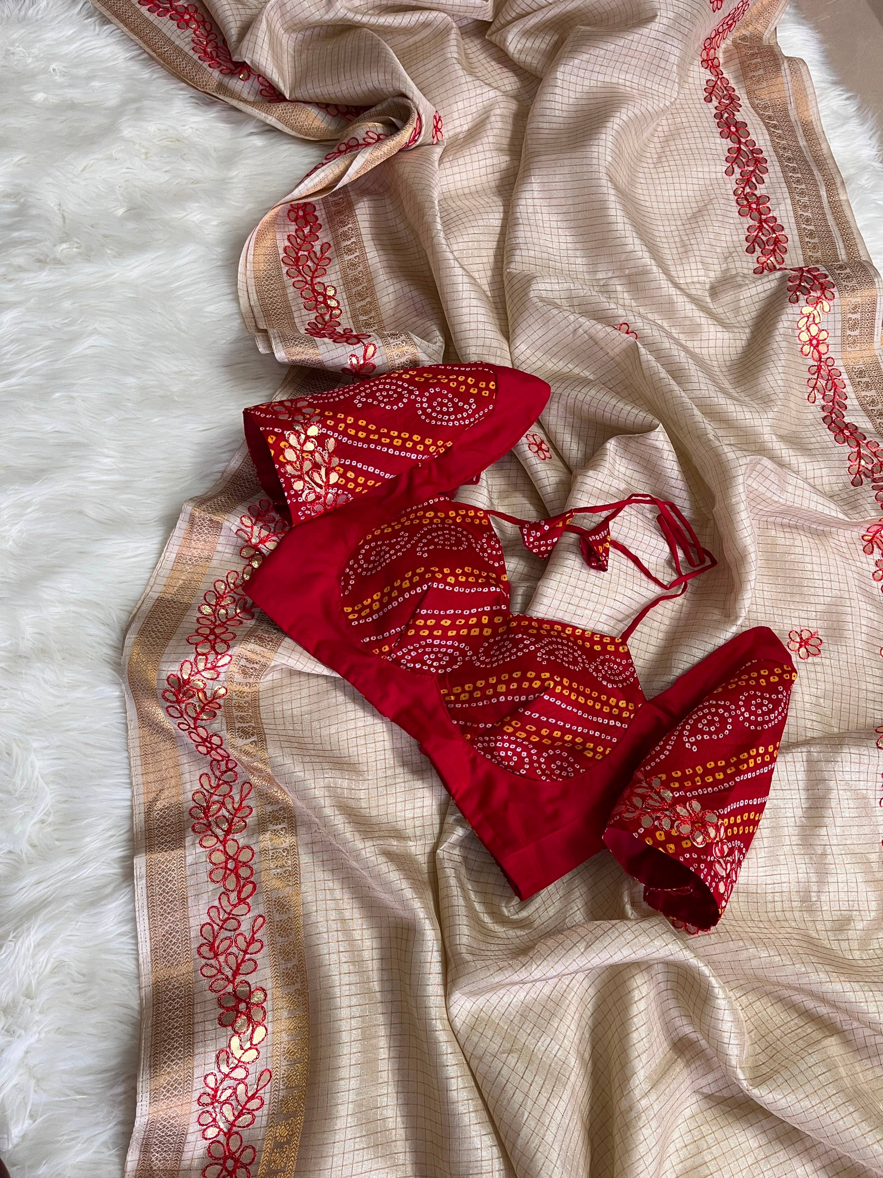 Exclusive fancy tissue checkered silk saree with gottawork and fully stitched blouse ! Dispatch time 5-7 days