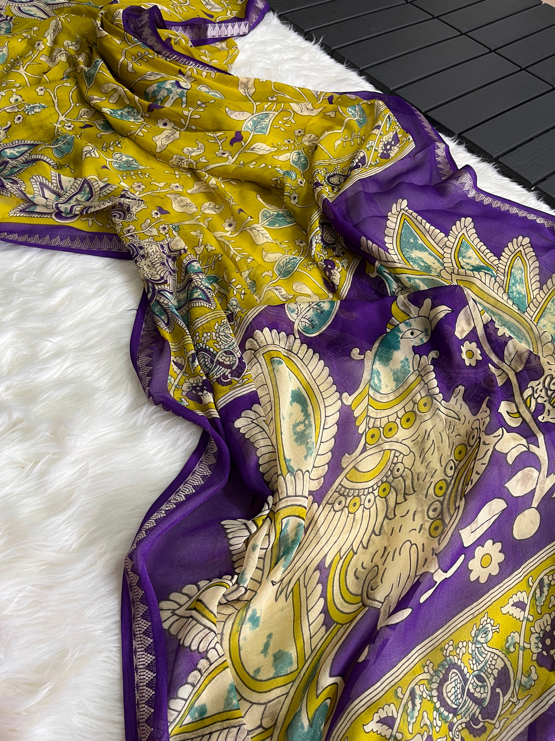 Kalamkari soft silk saree with unique combination unstitched blouse
