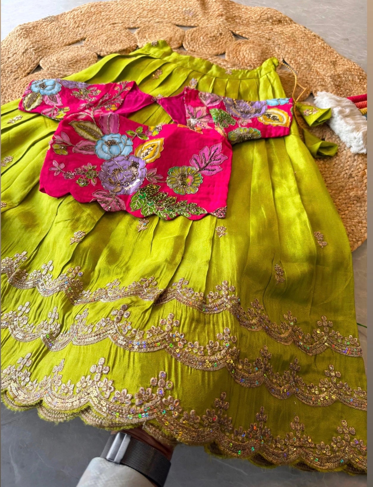 Kids fully stitched tissue silk lehangas with scalloped embroidery and designer blouse (1-16 years )