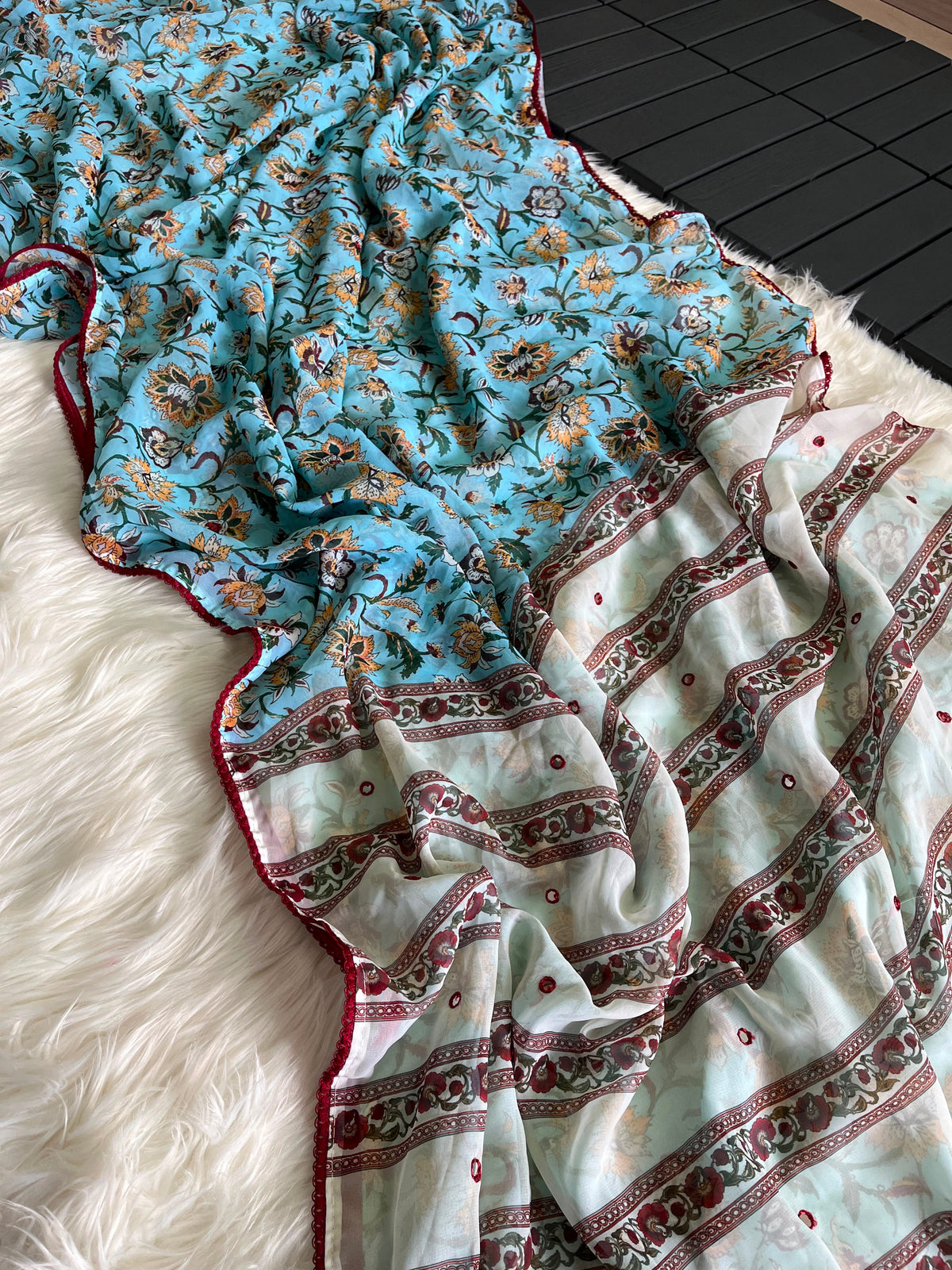 Georgette designer sarees with crochet borders and blouse
