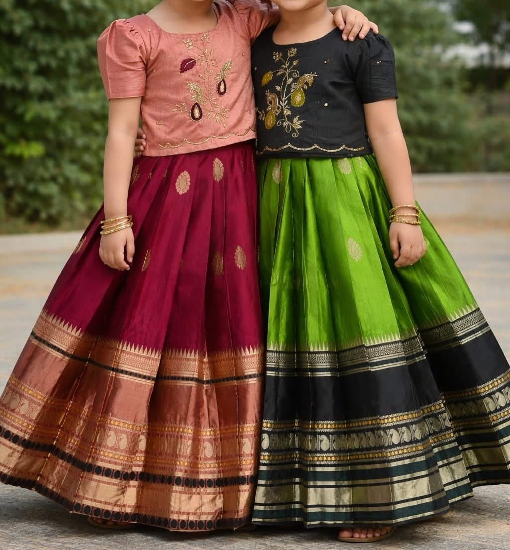 Kids banaras soft silk fully stitched lehangas (1-15 years)