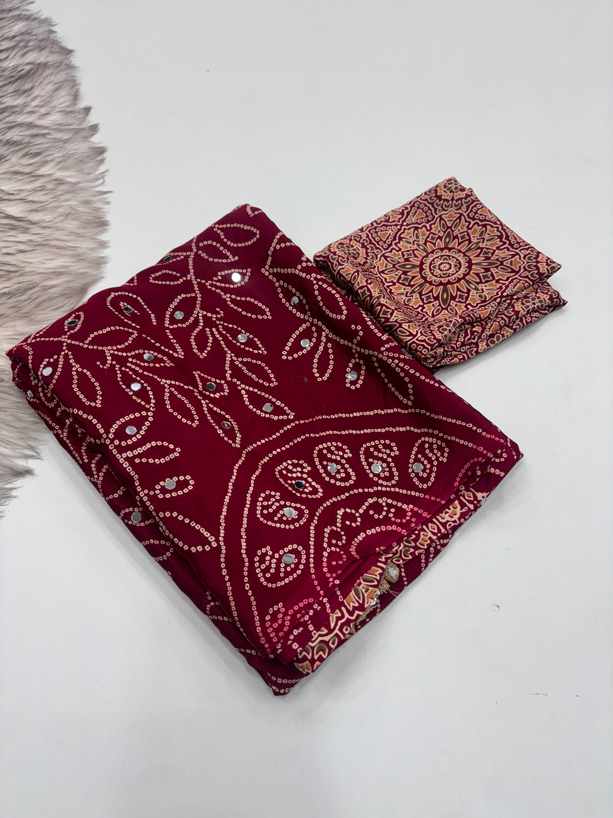 Fancy bandini ajrakh silk sarees with mirrors allover