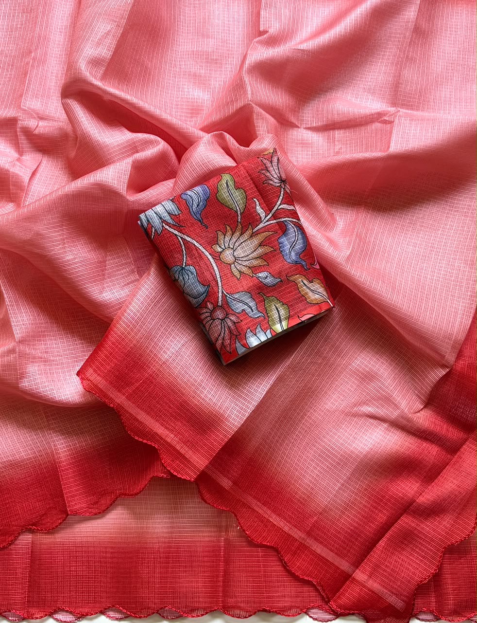 Shaded kota sarees with scalloped borders and kalamkari unstitched blouse