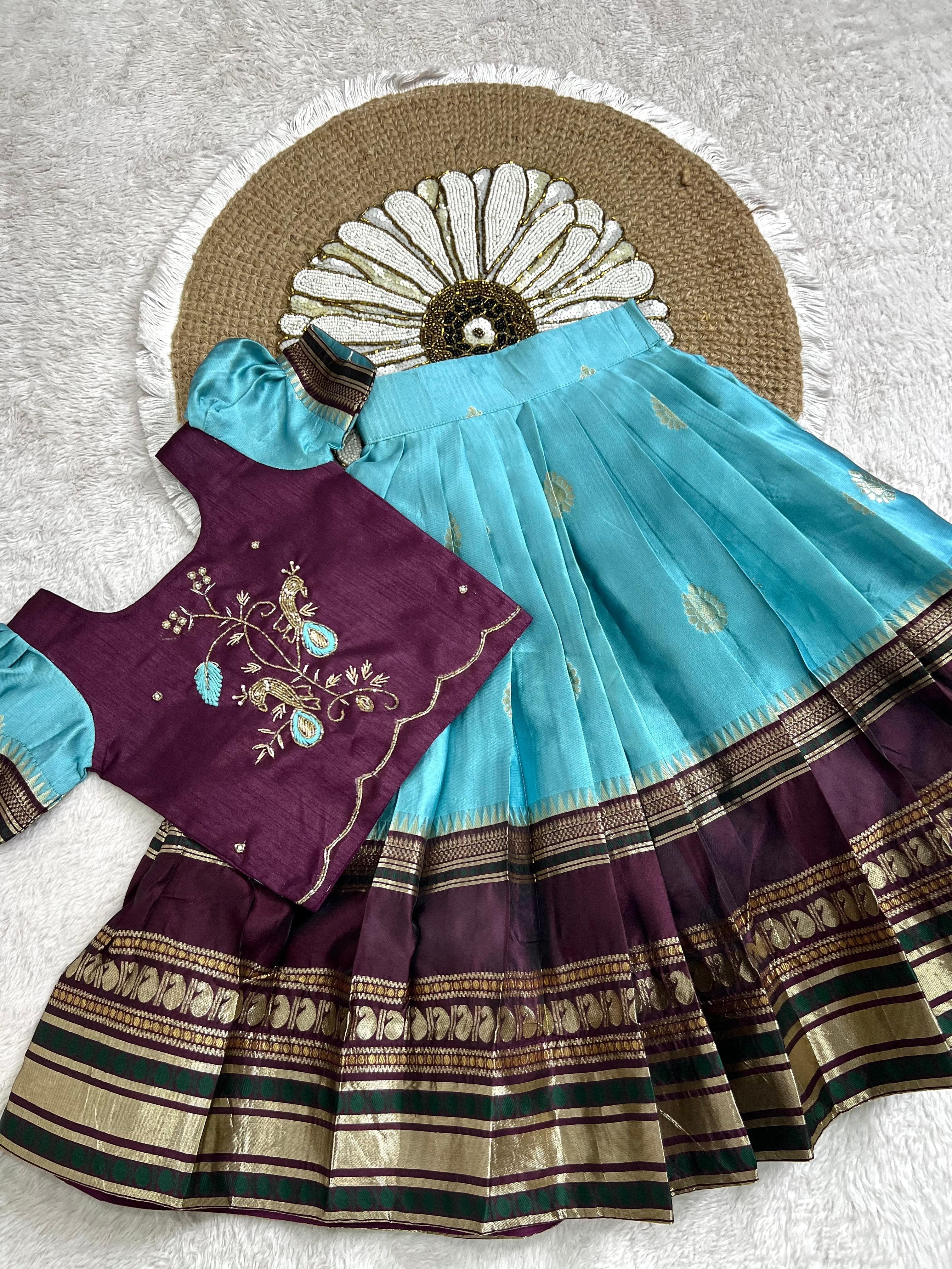 Kids banaras soft silk fully stitched lehangas (1-15 years)