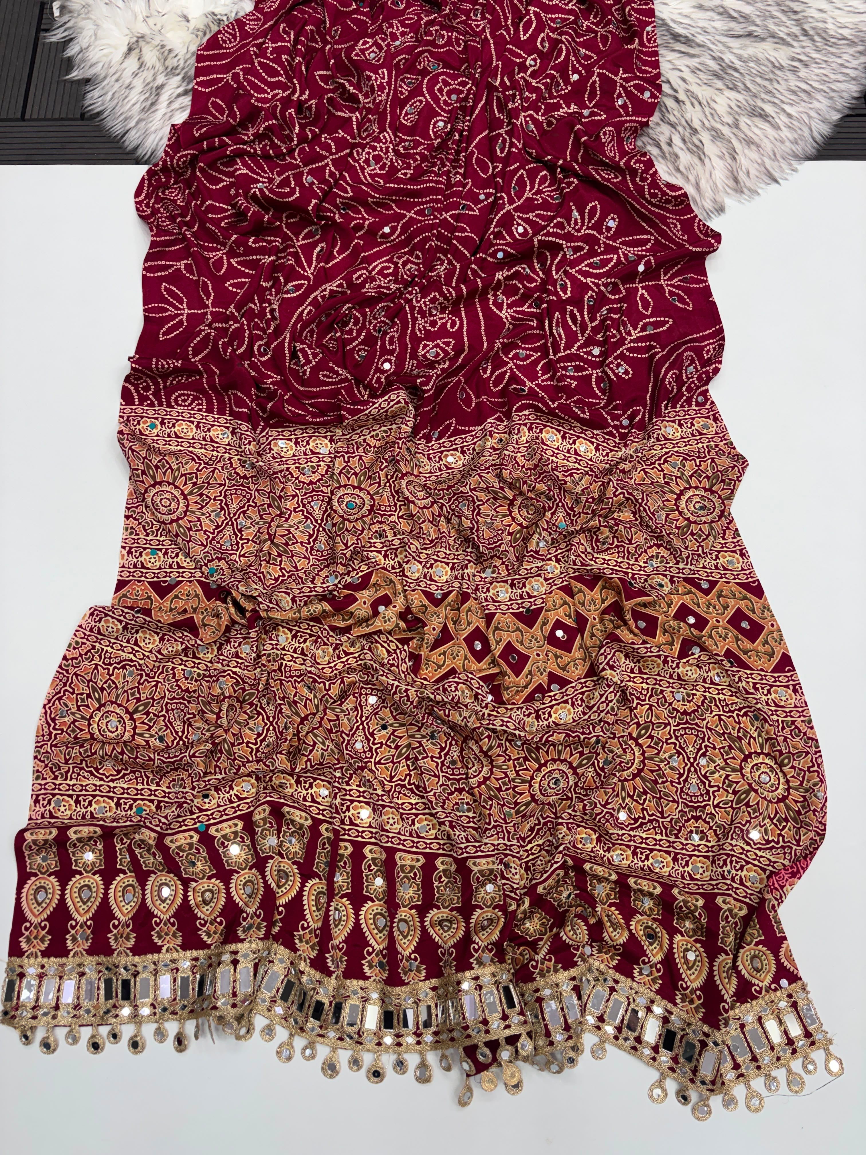 Fancy bandini ajrakh silk sarees with mirrors allover