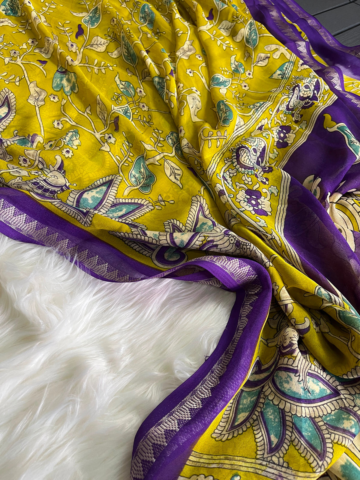 Kalamkari soft silk saree with unique combination unstitched blouse